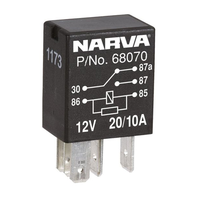 Narva 12V 20A/10A Change-Over 5 Pin Relay with Resistor 68070BL
